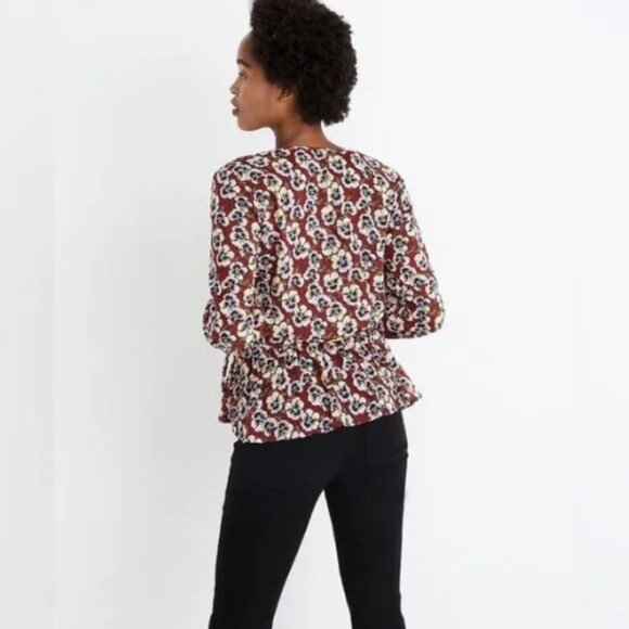 Madewell Pansy Print Blouse Viola Floral V-neck Wine Burgundy Size Medium - Picture 4 of 16